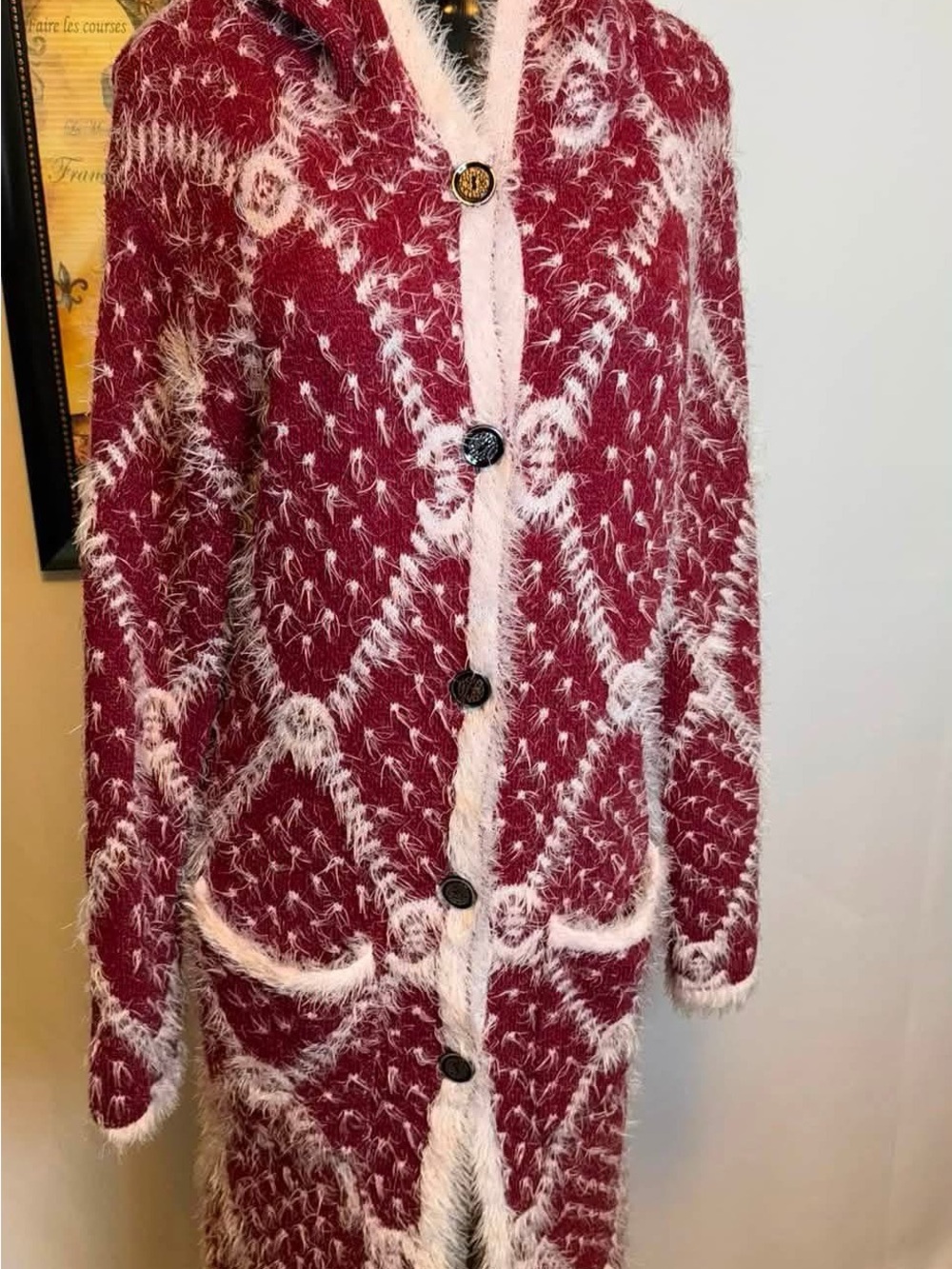 Cozy Hoodie Long Cardigan in Red and Cream